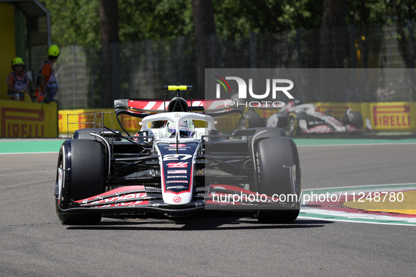 Nico Hulkenberg of Germany and Haas F1 VF-24 Ferrari are driving on track during the Free Practice of the Formula 1 Gran Premio del Made in...