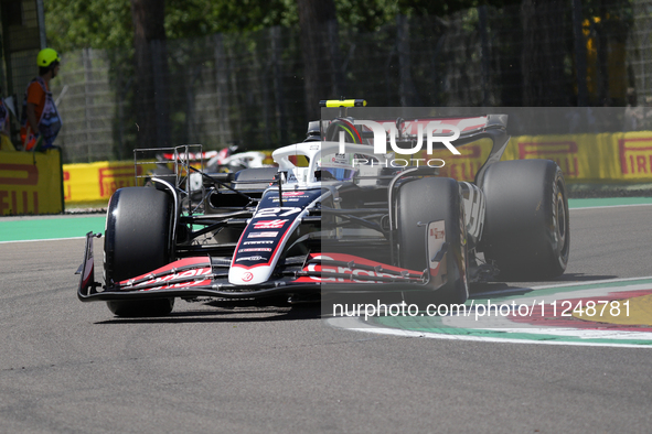 Nico Hulkenberg of Germany and Haas F1 VF-24 Ferrari are driving on track during the Free Practice of the Formula 1 Gran Premio del Made in...