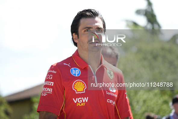 Carlos Sainz of Spain and Ferrari SF-24 are arriving at the circuit prior to the Free Practice of the Formula 1 Gran Premio del Made in Ital...