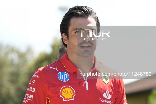 Carlos Sainz of Spain and Ferrari SF-24 are arriving at the circuit prior to the Free Practice of the Formula 1 Gran Premio del Made in Ital...