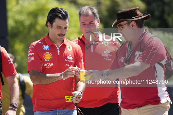 Carlos Sainz of Spain and Ferrari SF-24 are arriving at the circuit prior to the Free Practice of the Formula 1 Gran Premio del Made in Ital...