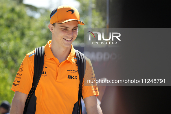 Oscar Piastri of Australia and McLaren MCL38 Mercedes are arriving at the circuit prior to the Free Practice of the Formula 1 Gran Premio de...