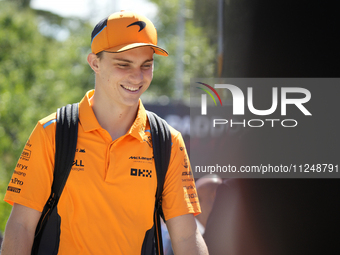 Oscar Piastri of Australia and McLaren MCL38 Mercedes are arriving at the circuit prior to the Free Practice of the Formula 1 Gran Premio de...