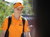 Oscar Piastri of Australia and McLaren MCL38 Mercedes are arriving at the circuit prior to the Free Practice of the Formula 1 Gran Premio de...