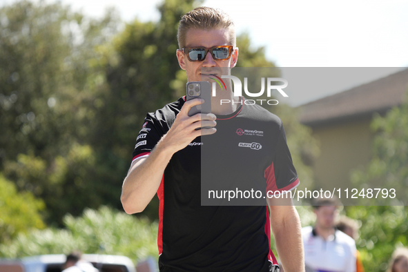 Nico Hulkenberg of Germany and Haas F1 VF-24 Ferrari are arriving at the circuit prior to the Free Practice of the Formula 1 Gran Premio del...