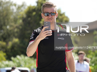 Nico Hulkenberg of Germany and Haas F1 VF-24 Ferrari are arriving at the circuit prior to the Free Practice of the Formula 1 Gran Premio del...