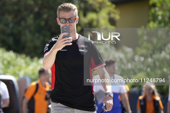 Nico Hulkenberg of Germany and Haas F1 VF-24 Ferrari are arriving at the circuit prior to the Free Practice of the Formula 1 Gran Premio del...