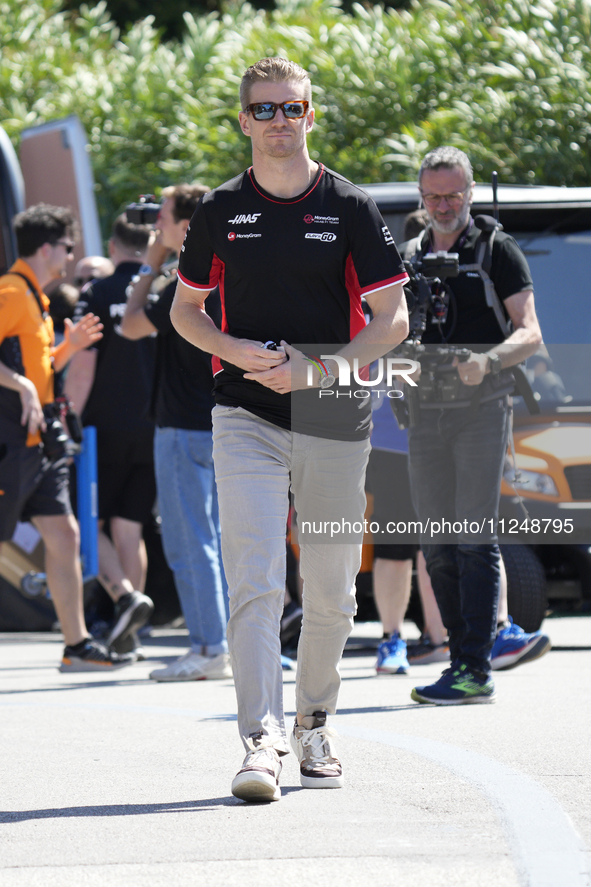 Nico Hulkenberg of Germany and Haas F1 VF-24 Ferrari are arriving at the circuit prior to the Free Practice of the Formula 1 Gran Premio del...