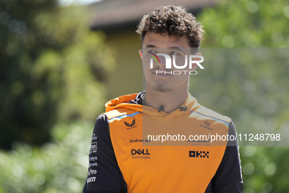 Lando Norris of England and McLaren MCL38 Mercedes are arriving at the circuit prior to the Free Practice of the Formula 1 Gran Premio del M...