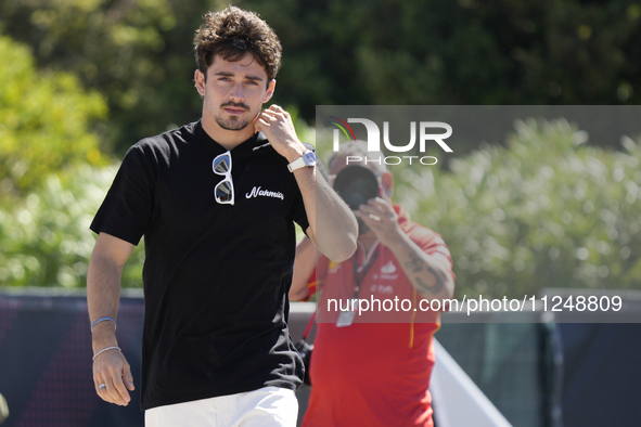 Charles Leclerc of Monaco and Ferrari SF-24 are arriving at the circuit prior to the Free Practice of the Formula 1 Gran Premio del Made in...