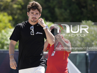 Charles Leclerc of Monaco and Ferrari SF-24 are arriving at the circuit prior to the Free Practice of the Formula 1 Gran Premio del Made in...