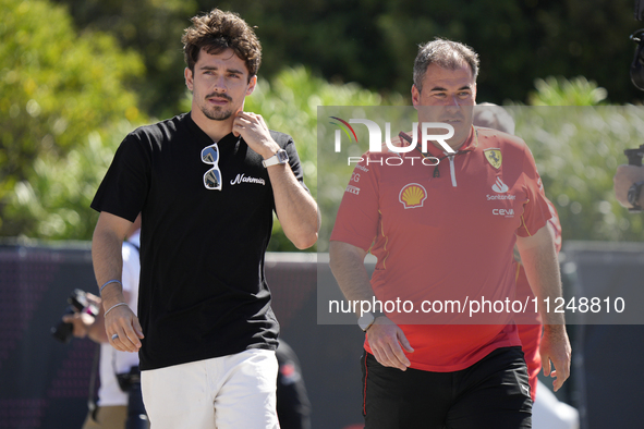 Charles Leclerc of Monaco and Ferrari SF-24 are arriving at the circuit prior to the Free Practice of the Formula 1 Gran Premio del Made in...