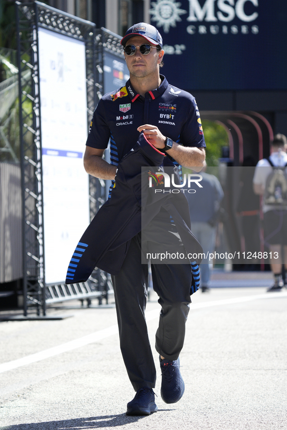 Sergio Perez of Mexico and Oracle Red Bull Racing RB20 are arriving at the circuit prior to the Free Practice of the Formula 1 Gran Premio d...