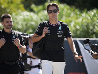 George Russell of England and the Mercedes AMG Petronas F1 Team W15 are arriving at the circuit prior to the Free Practice of the Formula 1...