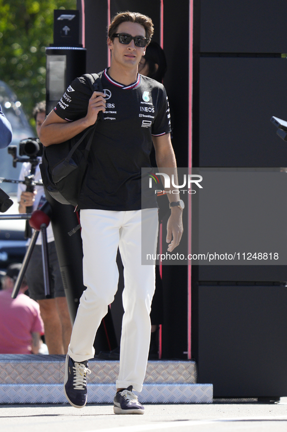 George Russell of England and the Mercedes AMG Petronas F1 Team W15 are arriving at the circuit prior to the Free Practice of the Formula 1...