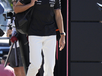 George Russell of England and the Mercedes AMG Petronas F1 Team W15 are arriving at the circuit prior to the Free Practice of the Formula 1...