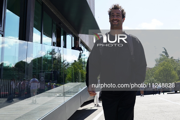 Daniel Ricciardo of Australia and Visa Cash App RB VCARB 01 are arriving at the circuit prior to the Free Practice of the Formula 1 Gran Pre...