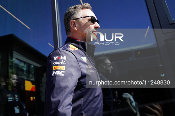 Red Bull Racing's British team principal and CEO Christian Horner is arriving at the circuit prior to the Free Practice of the Formula 1 Gra...