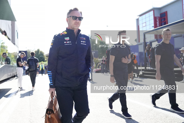 Red Bull Racing's British team principal and CEO Christian Horner is arriving at the circuit prior to the Free Practice of the Formula 1 Gra...