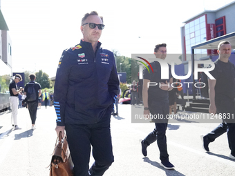 Red Bull Racing's British team principal and CEO Christian Horner is arriving at the circuit prior to the Free Practice of the Formula 1 Gra...