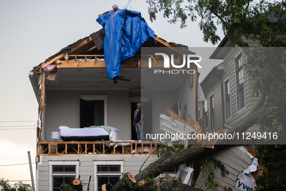 A house at Ashland St. and 27th St. in the Houston Heights is being seen destroyed after a severe storm in Houston, Texas, on May 17, 2024. 