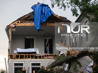 A house at Ashland St. and 27th St. in the Houston Heights is being seen destroyed after a severe storm in Houston, Texas, on May 17, 2024....