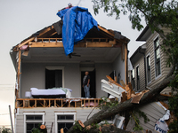 A house at Ashland St. and 27th St. in the Houston Heights is being seen destroyed after a severe storm in Houston, Texas, on May 17, 2024....