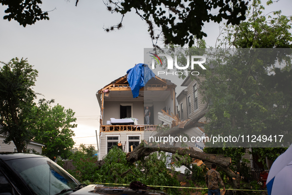 A house at Ashland St. and 27th St. in the Houston Heights is being seen destroyed after a severe storm in Houston, Texas, on May 17, 2024. 