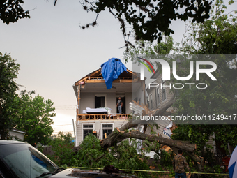 A house at Ashland St. and 27th St. in the Houston Heights is being seen destroyed after a severe storm in Houston, Texas, on May 17, 2024....