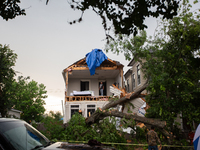 A house at Ashland St. and 27th St. in the Houston Heights is being seen destroyed after a severe storm in Houston, Texas, on May 17, 2024....