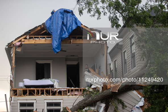 A house at Ashland St. and 27th St. in the Houston Heights is being seen destroyed after a severe storm in Houston, Texas, on May 17, 2024. 