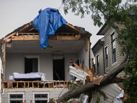 A house at Ashland St. and 27th St. in the Houston Heights is being seen destroyed after a severe storm in Houston, Texas, on May 17, 2024....