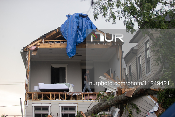 A house at Ashland St. and 27th St. in the Houston Heights is being seen destroyed after a severe storm in Houston, Texas, on May 17, 2024. 