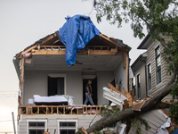 A house at Ashland St. and 27th St. in the Houston Heights is being seen destroyed after a severe storm in Houston, Texas, on May 17, 2024....