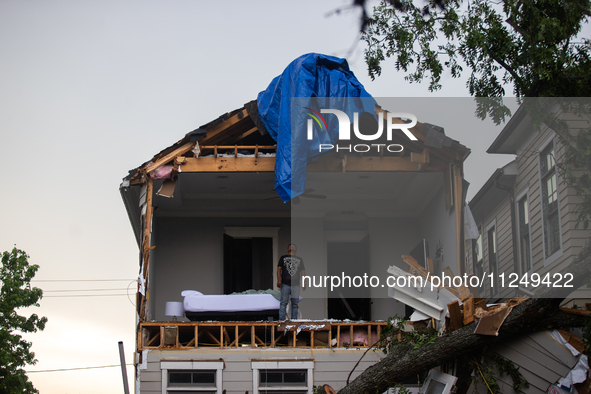 A house at Ashland St. and 27th St. in the Houston Heights is being seen destroyed after a severe storm in Houston, Texas, on May 17, 2024. 