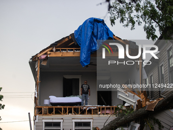 A house at Ashland St. and 27th St. in the Houston Heights is being seen destroyed after a severe storm in Houston, Texas, on May 17, 2024....