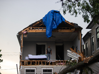 A house at Ashland St. and 27th St. in the Houston Heights is being seen destroyed after a severe storm in Houston, Texas, on May 17, 2024....