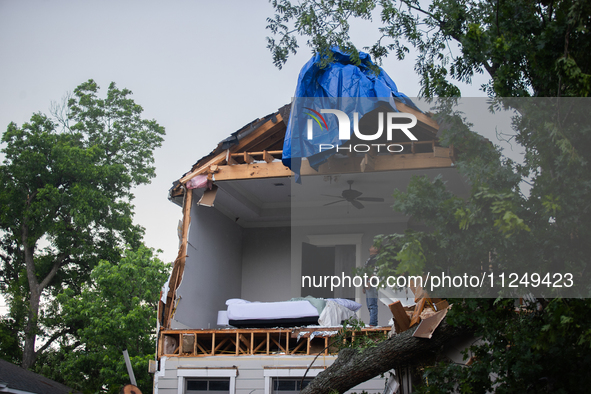 A house at Ashland St. and 27th St. in the Houston Heights is being seen destroyed after a severe storm in Houston, Texas, on May 17, 2024. 