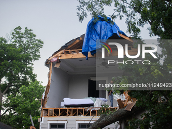 A house at Ashland St. and 27th St. in the Houston Heights is being seen destroyed after a severe storm in Houston, Texas, on May 17, 2024....