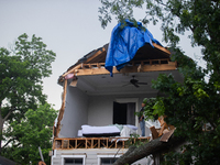 A house at Ashland St. and 27th St. in the Houston Heights is being seen destroyed after a severe storm in Houston, Texas, on May 17, 2024....