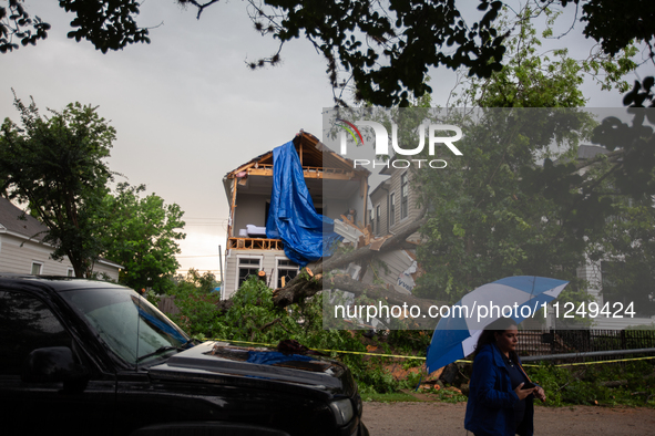 A house at Ashland St. and 27th St. in the Houston Heights is being seen destroyed after a severe storm in Houston, Texas, on May 17, 2024. 