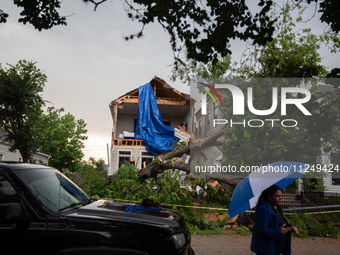 A house at Ashland St. and 27th St. in the Houston Heights is being seen destroyed after a severe storm in Houston, Texas, on May 17, 2024....