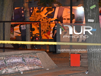 Police tape is blocking off the area of the crime scene. An unidentified male victim is being fatally stabbed in Chicago, Illinois, United S...