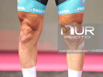 Legs details of Domenico Pozzovivo of Italy and Team VF Group - Bardiani CSF - Faizane  prior to the 107th Giro d'Italia 2024, Stage 12, a 1...