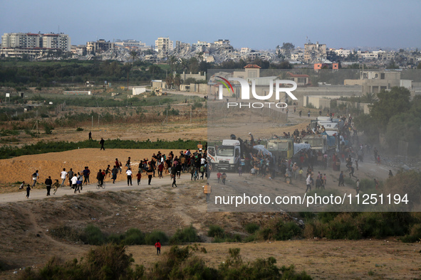 Palestinians are grabbing aid from a truck that is being delivered into Gaza through a U.S.-built pier, amid the ongoing conflict between Is...