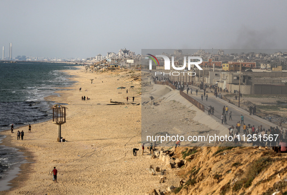 Palestinians are standing on a beach, as a U.S.-built pier is pictured in the background, as seen from central Gaza Strip, on May 18, 2024 