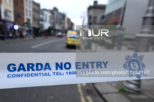 DUBLIN, IRELAND - MAY 18: 
A Garda Siochana tape reading 'Garda - No Entry' is closing the street in Dublin city center, on May 18, 2024, in...