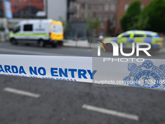 DUBLIN, IRELAND - MAY 18: 
A Garda Siochana tape reading 'Garda - No Entry' is closing the street in Dublin city center, on May 18, 2024, in...