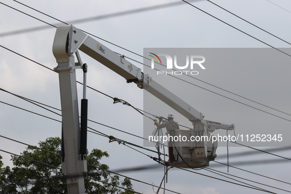 Electrical crews are working on power lines in the Spring Branch neighborhood of Houston, Texas. 