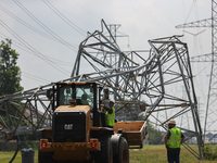 A mangled transmission tower is being seen at the intersection of Gardendale Dr. and Antoine Dr. as crews throughout Houston are working to...